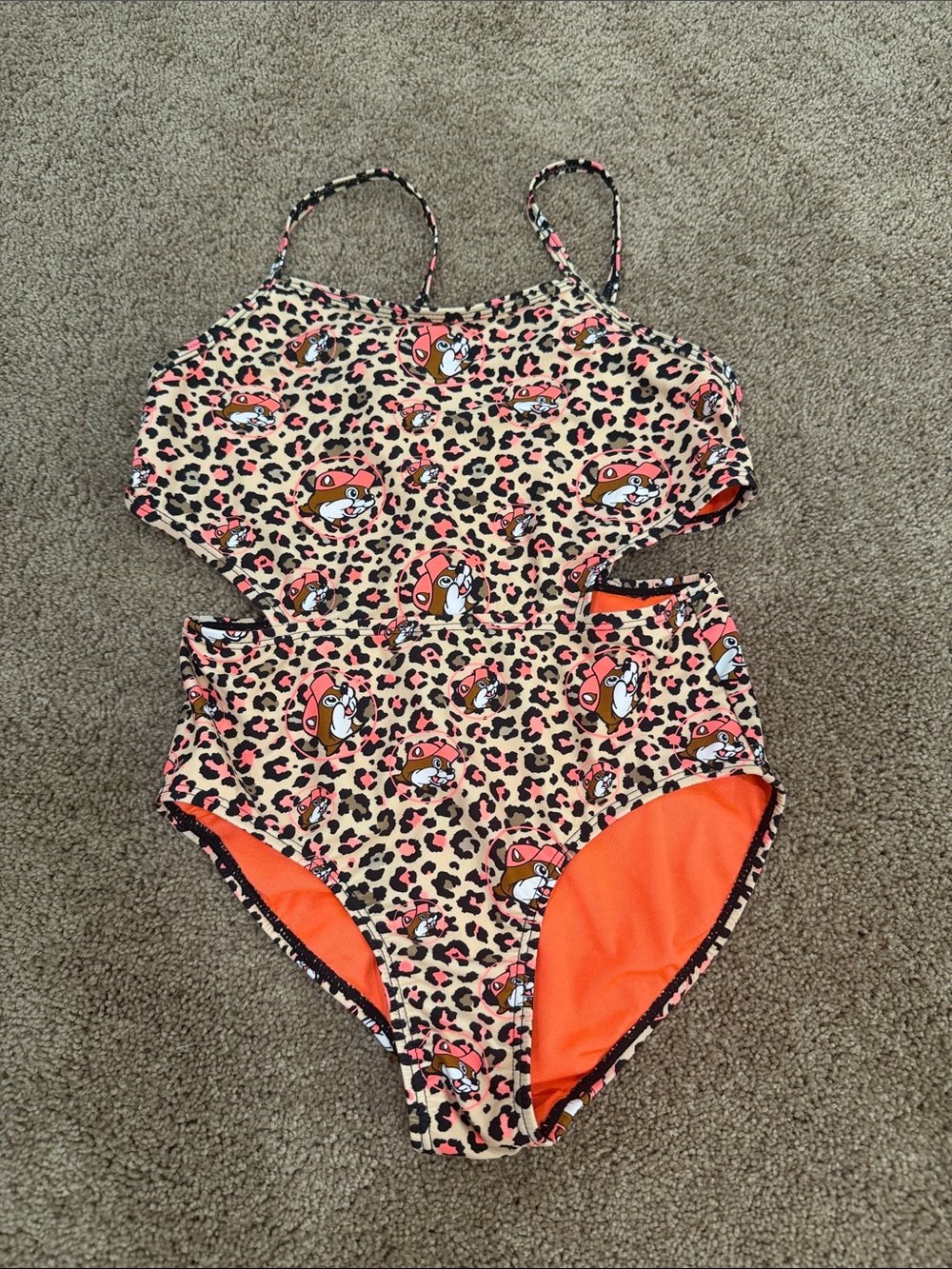 Girls Leopard Print One-Piece Swimsuit with Orange Lining